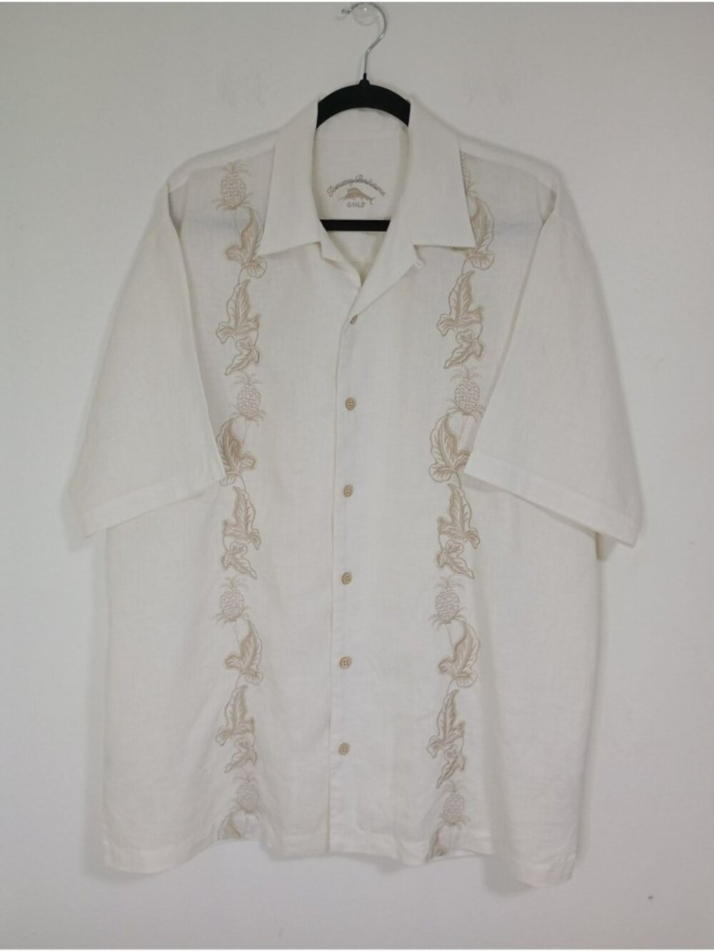 Tommy Bahama Golf Mens Beige Linen Embroidered Pineapple Button-Up Shirt Size L
